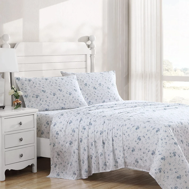 Laura Ashley Home - King Sheets, Soft Sateen Cotton Bedding Set - Sleek, Smooth, & Breathable Home Decor (Garden Muse Blue, King)