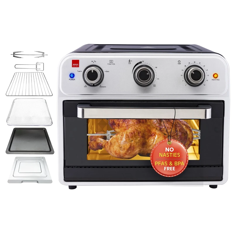 Sensio Home Mega 21L Capacity Air Fryer Oven, Family Size Healthy Cooking, 1800W Multifunctional, Rotisserie Bake Broil Toast Timer, Oil Free Cooking, Full Accessory Set, Stainless Steel Finish