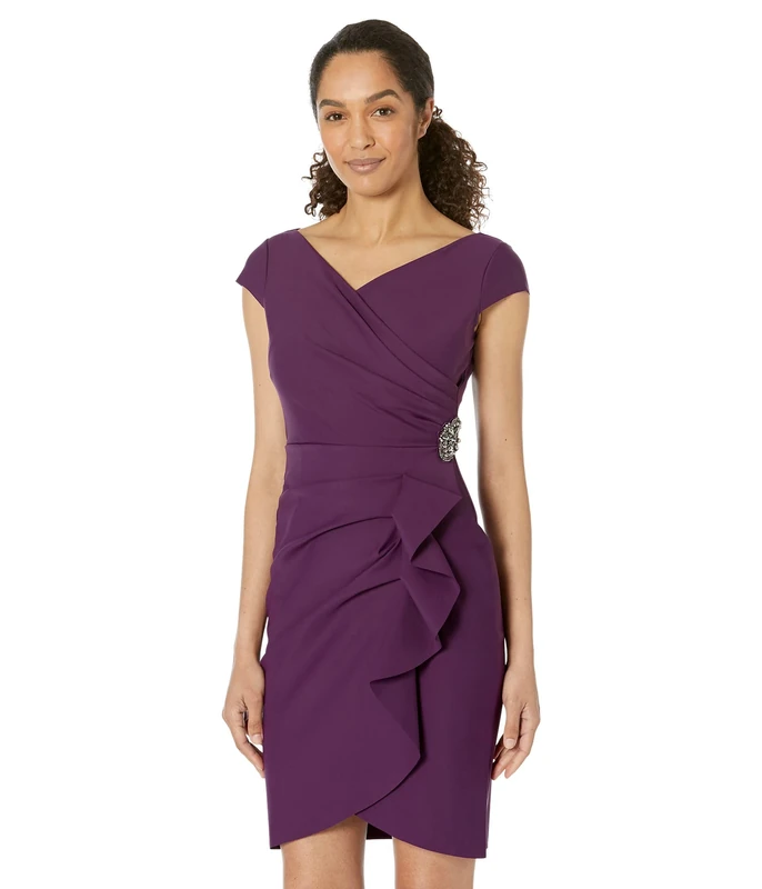 Alex Evenings Women's Short Slimming Cap Sleeve Dress with Surplice Neckline Special Occasion, Summer Plum, 10