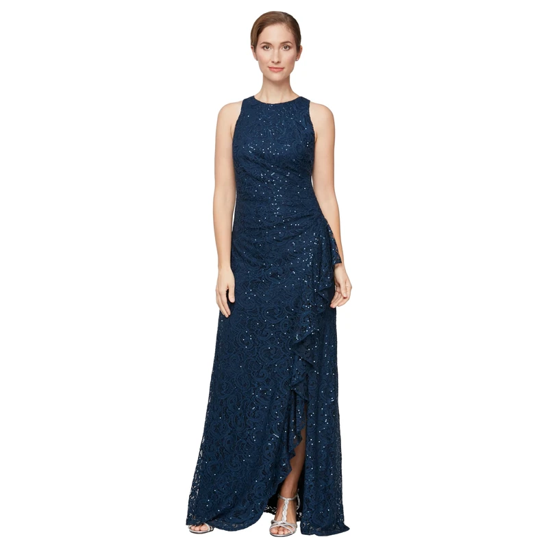 Alex Evenings Women's Long Sleeveless Mother of The Bride Dress W/Cascade Ruffle & Front Slit, (Petite and Regular Sizes) Special Occasion, Navy Sequin, 20