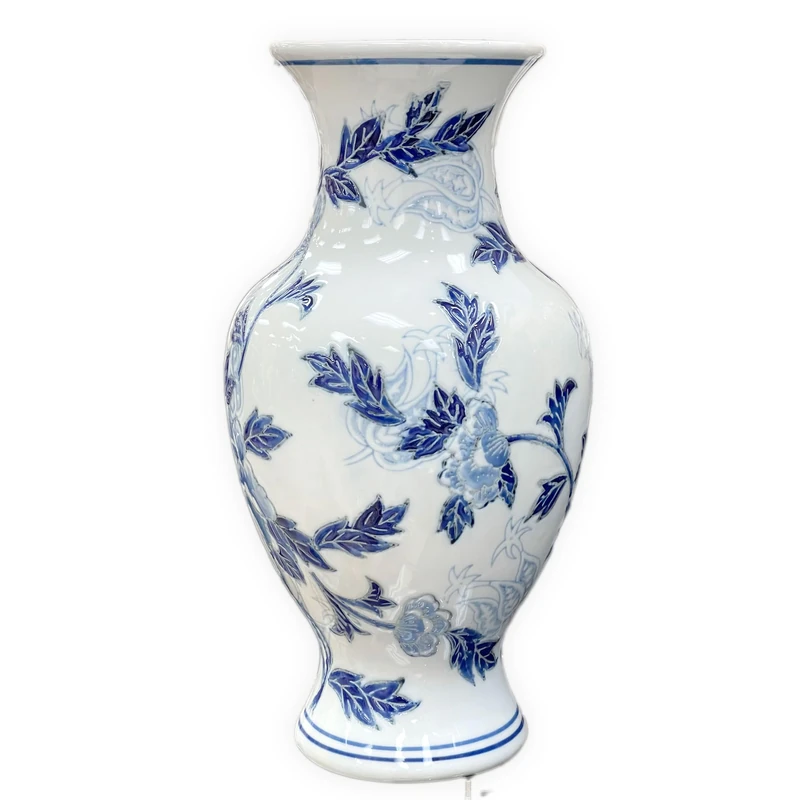 Galt International Blue and White Floral Chinoiserie Ceramic Vase 14" - Hand Painted Antique Style Porcelain Flower Bottle Fishtail Porcelain Chinese Vase for Home Decor Centerpiece