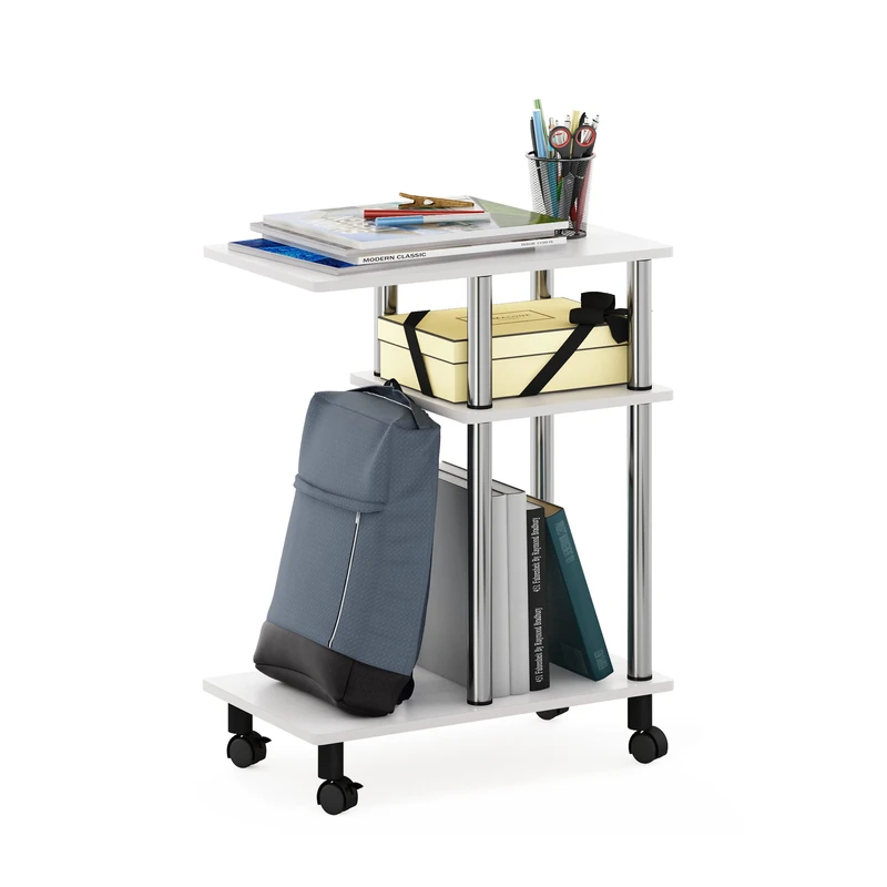 Furinno TURN-N-TUBE Side Table, 3-Tier C-Shape End Table with Wheels, Toolless Assembly Night Stand, Bedside Table with Open Shelf, for Living Room, Bedroom, White Oak/Stainless Steel