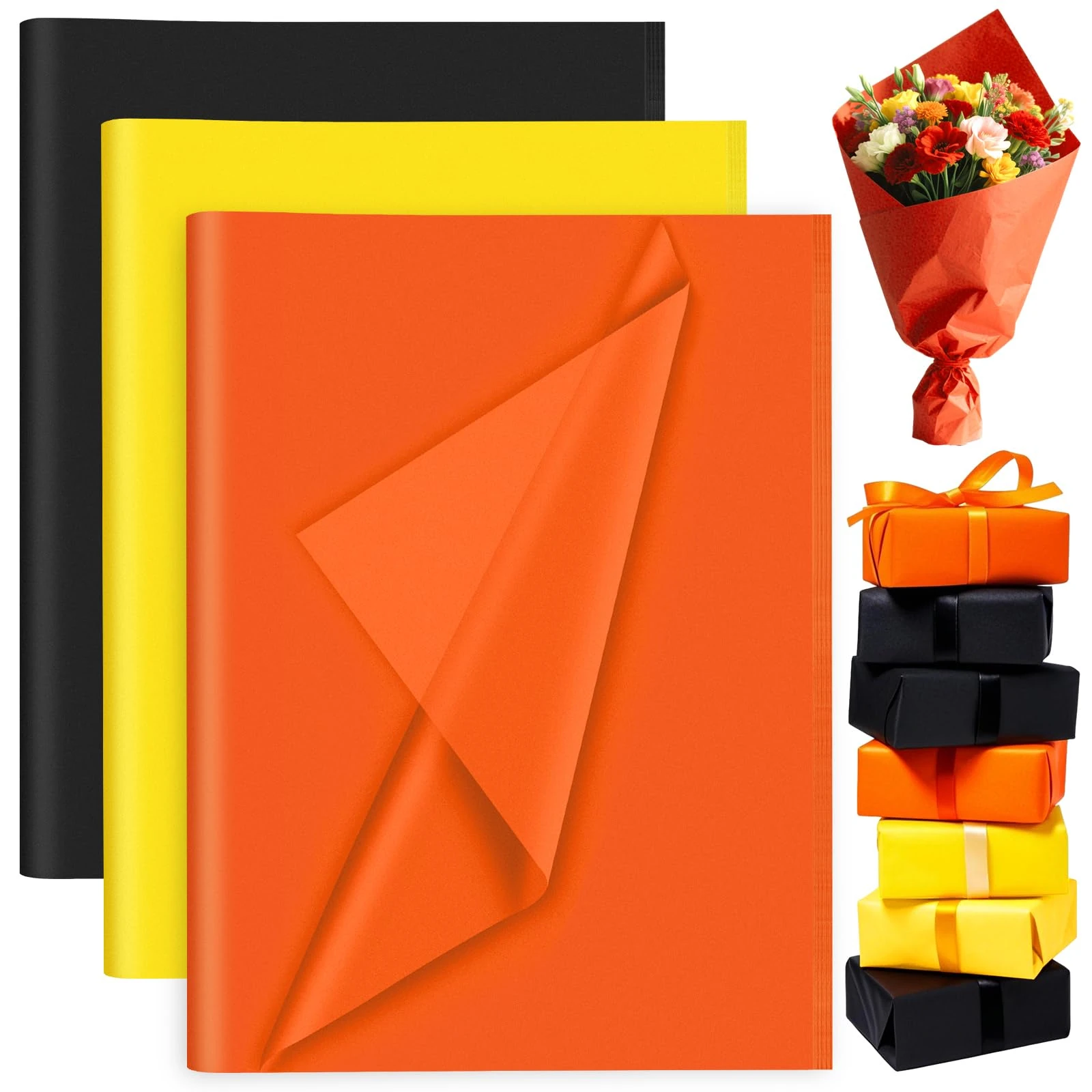 PLULON 60 Sheets Black Orange Yellow Tissue Paper Bulks, Gift Wrap Tissue Paper Sheets for Packaging Birthday Gift Wrapping Paper Birthday Wedding Construction Party Decorations