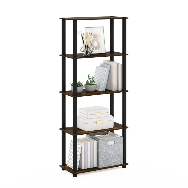 Furinno TURN-S-TUBE Book Shelf, 5-Tier Toolless Storage Shelves with Square Tubes, Shelving Unit for Organization and Storage for Living Room, Home Office, Amber Pine