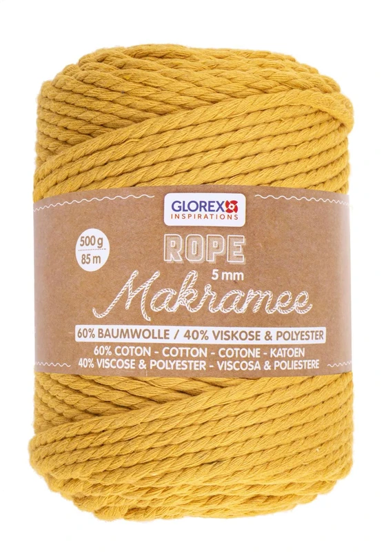 GLOREX 5 1007 17 Macrame Rope 500 g 5 mm Length 85 m Mustard Yellow Triple Twist Cotton Yarn 60% Cotton 40% Viscose and Polyester for Crocheting, Knitting, Knotting and Designing