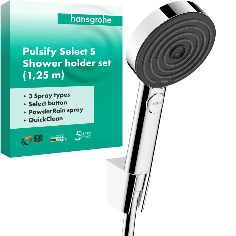 Hansgrohe Shower Set Pulsify Select S, Shower Head with Shower Holder And Shower Hose 1.25 m, Hand Shower with 3 Sprays (Relaxation), Chrome, 24302000