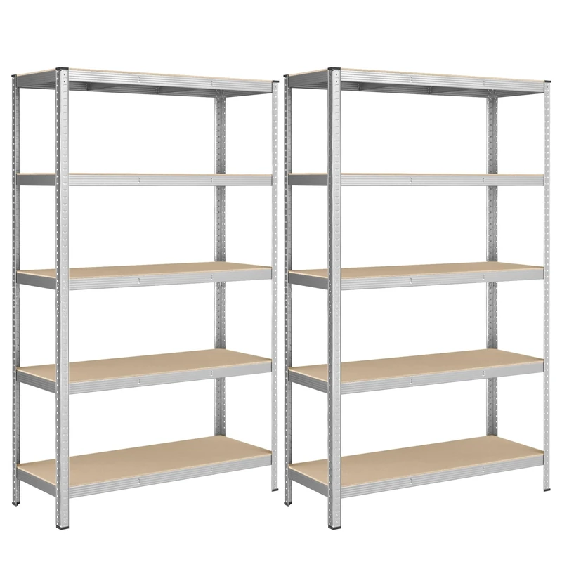 SONGMICS 5-Tier Heavy-Duty Shelving Units, Set of 2 Steel Shelving Units for Storage, Boltless Assembly, for Garage, Shed, Load Capacity 750 kg, 60 x 120 x 200 cm, Silver GLR060E02