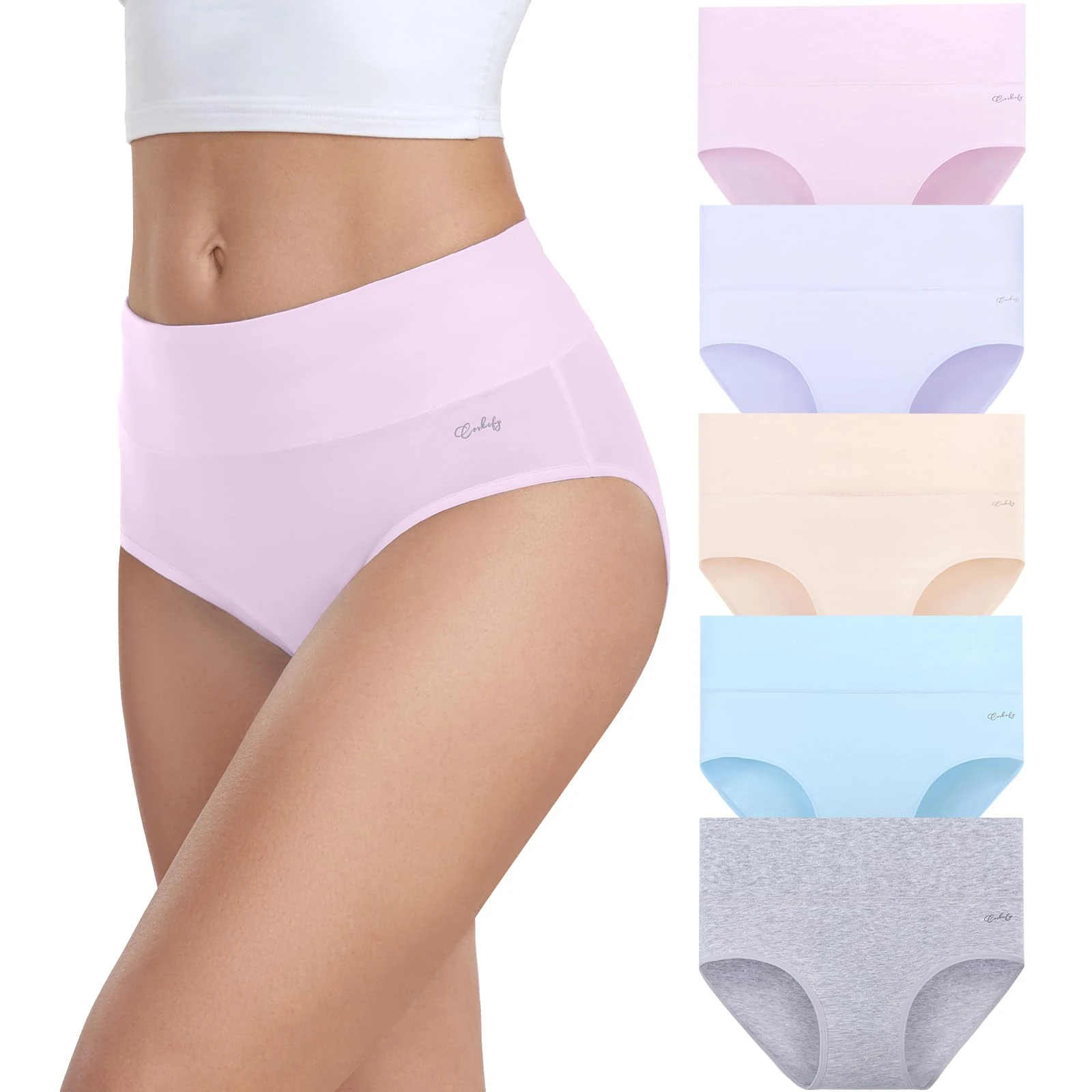 coskefy Underwear Women, High Waisted Cotton Knickers Ladies Full Briefs Soft Panties Slight Tummy Control Pants 5 Pack L