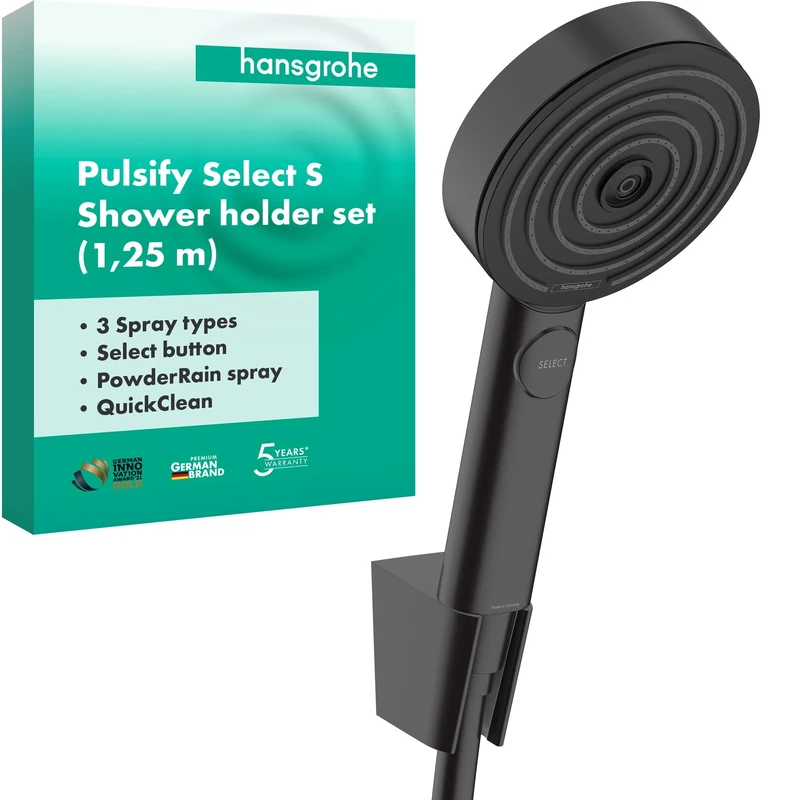 Hansgrohe Shower Set Pulsify Select S, Shower Head with Shower Holder And Shower Hose 1.25 m, Hand Shower with 3 Sprays (Relaxation), Matt Black, 24302670