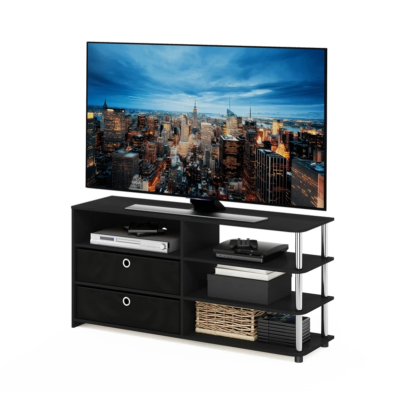 Furinno JAYA Simple Design TV Stand for up to 55-Inch with Bins, Americano, Stainless Steel Tubes