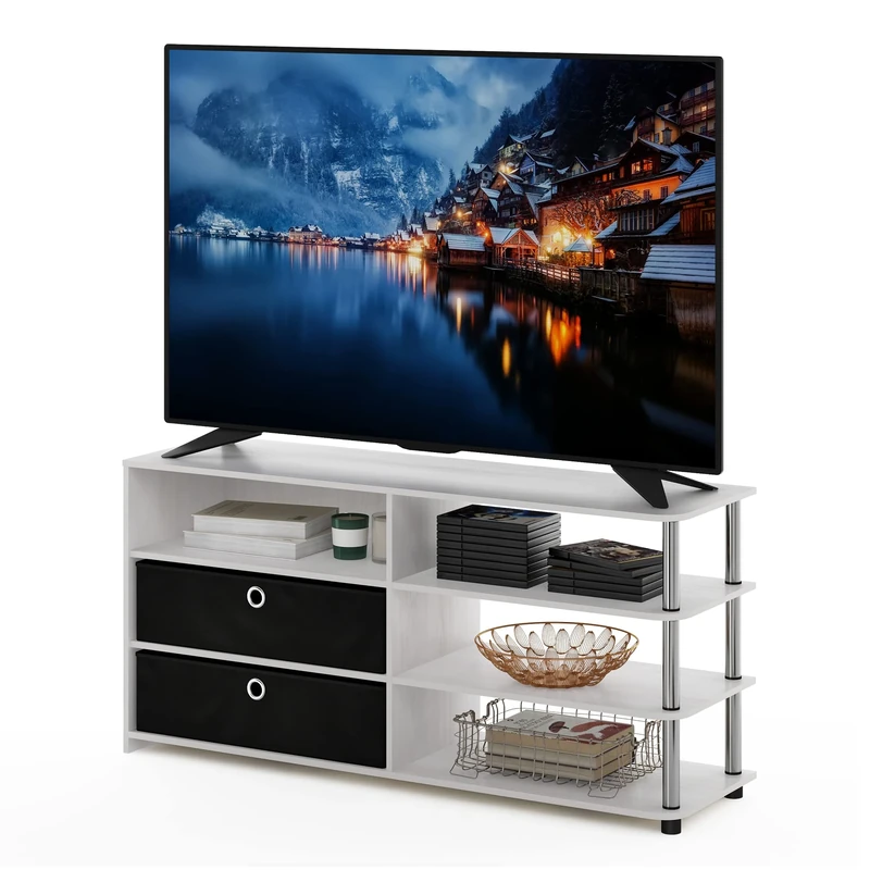 Furinno JAYA Simple Design TV Stand for up to 55-Inch with Bins, White Oak, Stainless Steel Tubes