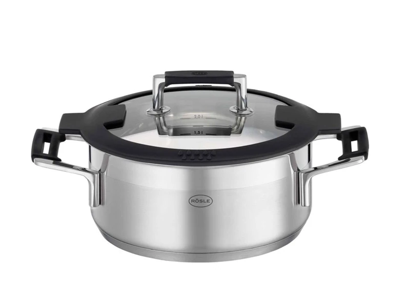 RÖSLE Silence PRO Stewing Pot, Universal Pot Made of 18/10 Stainless Steel, 20 cm, Glass Lid, Scale on The Inside, Suitable for Induction Cookers, Dishwasher Safe, Silver/Black