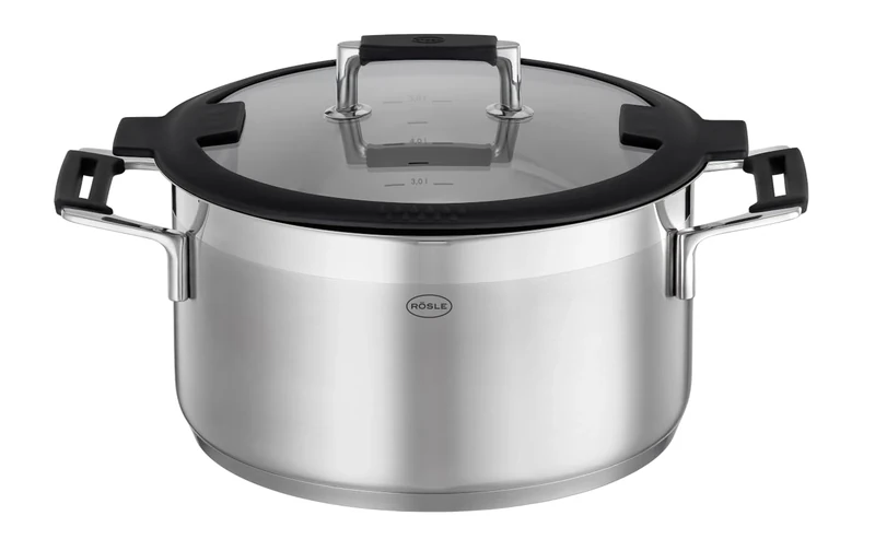 RÖSLE Silence PRO Cooking Pot, Universal Pot Made of 18/10 Stainless Steel, 24 cm, Glass Lid, Scale on The Inside, Suitable for Induction Cookers, Dishwasher Safe, Silver/Black