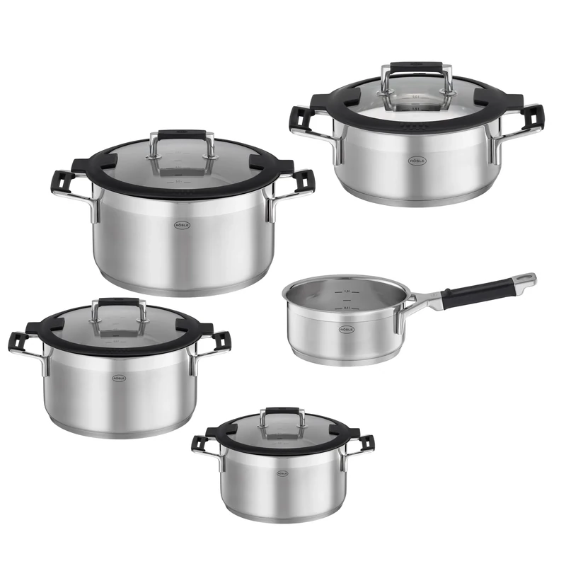 RÖSLE Silence PRO 5-Piece Saucepan Set, Universal Pot Set with 3 Cooking Pots, 1 Stewing Pot and 1 Saucepan, 18/10 Stainless Steel, Glass Lid, Scale on The Inside, Induction and Dishwasher Safe