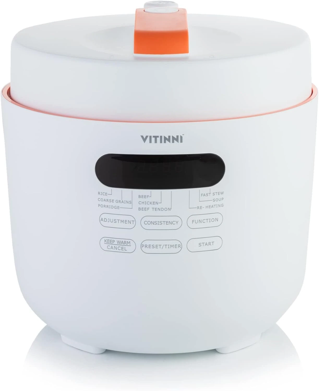 Vitinni Pressure Cooker - 9 Function Multi Cooker Pot, 1.8 Litre, Stainless Steel Electric Food Warmer with Removable Bowl, Digital Display, White & Orange Design Electric Pot