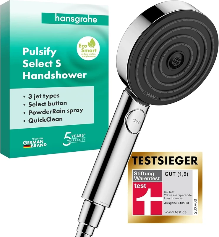 hansgrohe Pulsify Select S - water-saving shower head 9 l/min (EcoSmart), hand shower round (⌀ 105 mm) with anti-limescale function, chrome, 24111000 (Package may vary)