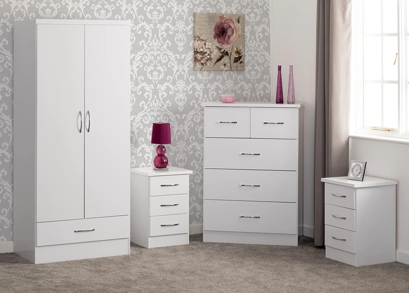Seconique Nevada 2 Door 1 Drawer Wardrobe Bedroom Set in White Gloss