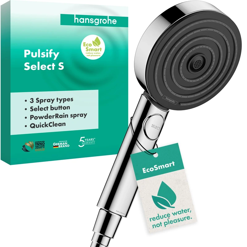hansgrohe Pulsify Select S - water-saving shower head 9 l/min (EcoSmart), hand shower round (⌀ 105 mm) with 3 sprays (Activation version), with anti-limescale function, chrome
