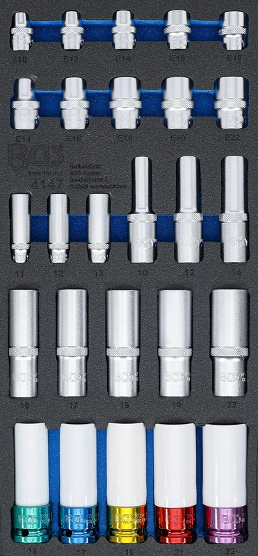 BGS 4147 | Tool Tray 1/3: Sockets | Hexagon, deep 11 - 22 mm | E-Type E10 - E22 | 6.3 mm (1/4"), 10 mm (3/8"), 12.5 mm (1/2") | 26 pcs.
