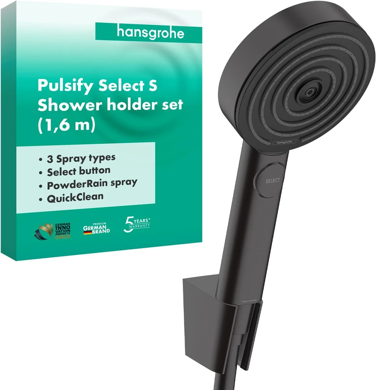 Hansgrohe Shower Set Pulsify Select S, Shower Head with Shower Holder And Shower Hose 1.60 m, Hand Shower with 3 Sprays (Relaxation), Matt Black, 24303670