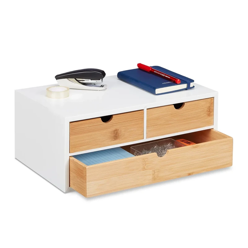 Relaxdays Desk Organiser, Bamboo 40% fibreboard, White/Natural, 14 x 33 x 21 cm