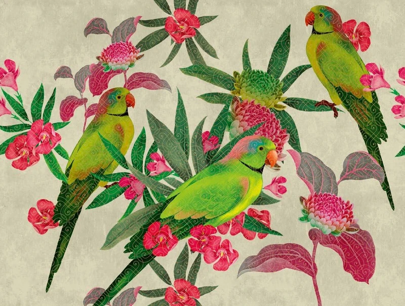Livingwalls Birds The Wall Non-Woven Wallpaper 3.71 m x 2.80 m Green Pink Red Made in Germany 382541 382541
