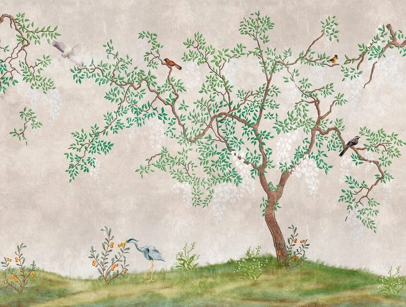 Livingwalls Birds The Wall Non-Woven Wallpaper 3.71 m x 2.80 m Green Brown Beige Made in Germany 382331 382331