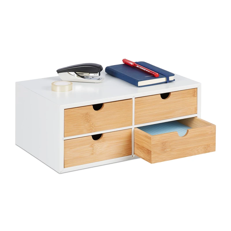 Relaxdays Desk Organiser, 4 Drawers, for Office Supplies, H x W x D: 14 x 33 x 21 cm, Bamboo & MDF, White/Natural