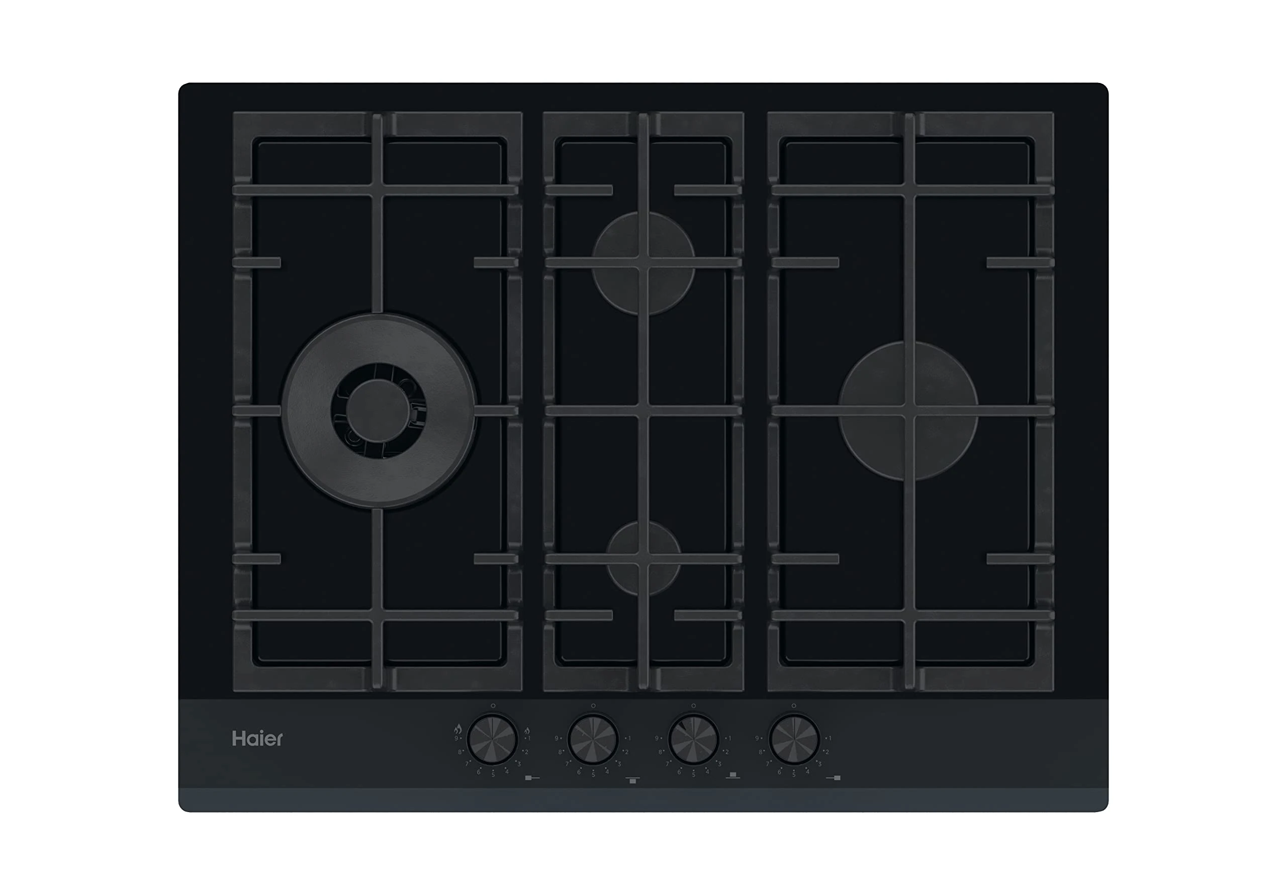 Haier GAS ON GLAS Series 6 HAVG5D4HB Gas Hob/Self-sufficient / 60 cm / 4 Burners with Wok Cooking Zone / 9 Power Levels Black