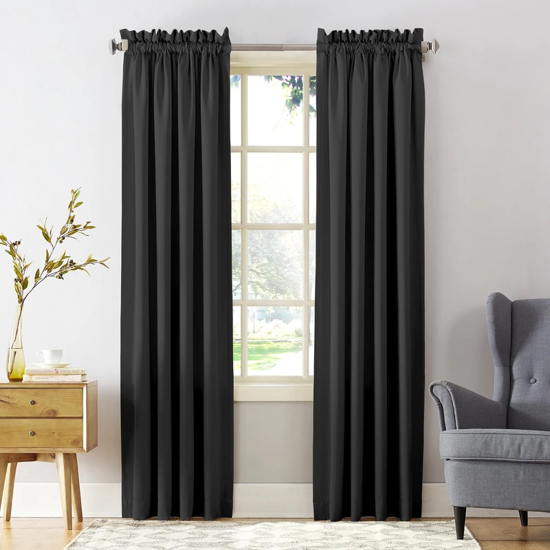 Sun Zero Barrow Energy Efficient Rod Pocket Curtain Panel Pair, 54" x 84", Black - Image 1