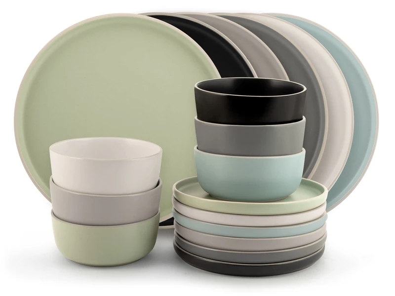 H&H Bergen 18-Piece Matte Stoneware Dinner Set - Dinner Plates, Soups and Fruits - Dishwasher and Microwave Safe - Modern Design, Natural Colours