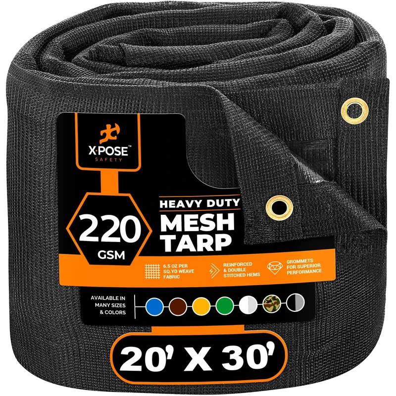 Xpose Safety Heavy Duty Mesh Tarp – 20' x 30' Multipurpose Black Protective Cover with Air Flow - Use for Tie Downs, Shade, Fences, Canopies, Dump Trucks – Weather and Tear Resistant