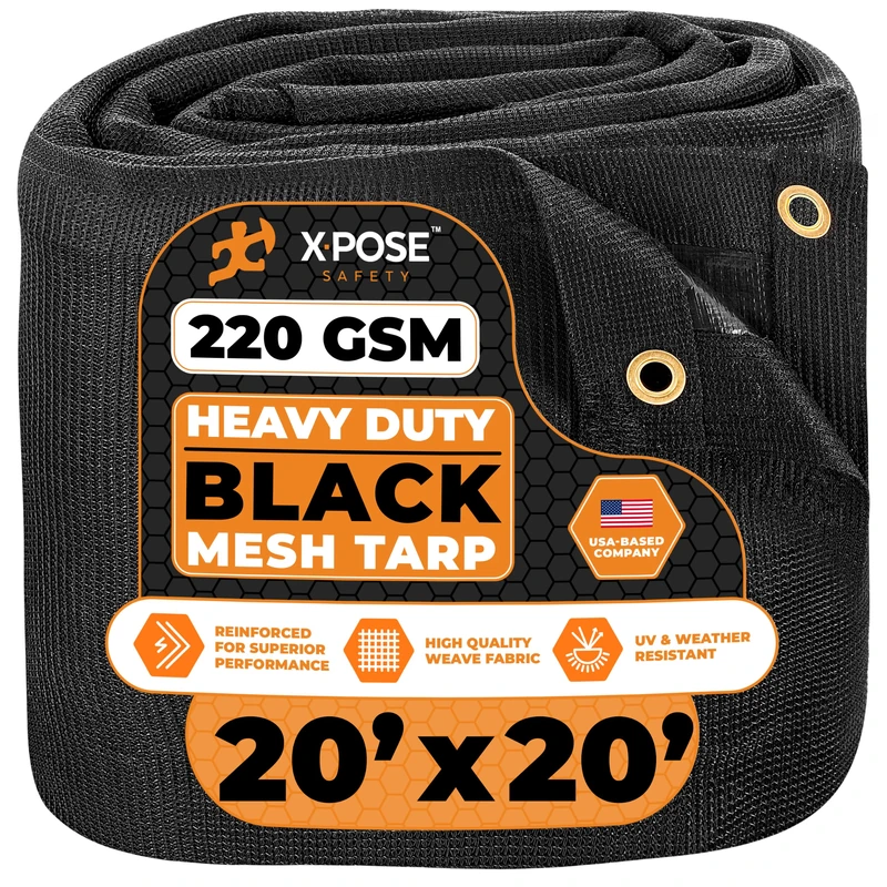 Xpose Safety Heavy Duty Mesh Tarp – 20'x 20' Multipurpose Black Protective Cover with Air Flow - Use for Tie Downs, Shade, Fences, Canopies, Dump Trucks – Weather and Tear Resistant