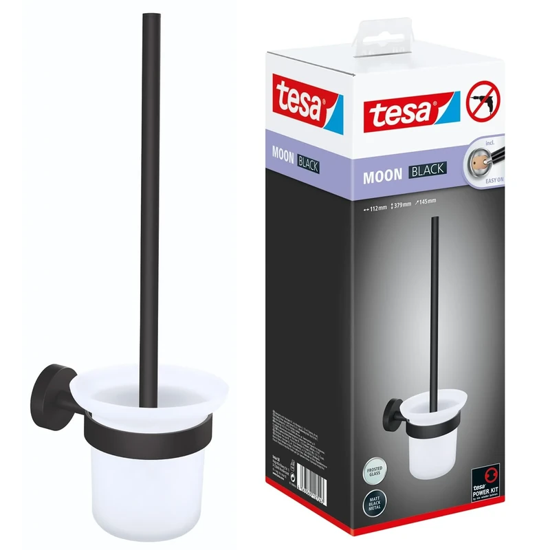 tesa MOON BLACK Toilet Brush Set, with holder and toilet brush, matt black, satin glass - for industrial style and modern bathrooms - drill-free, incl. adhesive solution - 379 mm x 112 mm x 145 mm