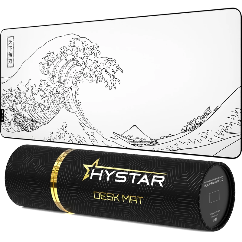 Hystar Gaming Mouse Pad, Soft Textured Cloth Surface, Water Resistant Fabric, 5mm Thick, Bonus Silicone Drink Coaster, Durable Box for Transport, The Great Wave Design (White)