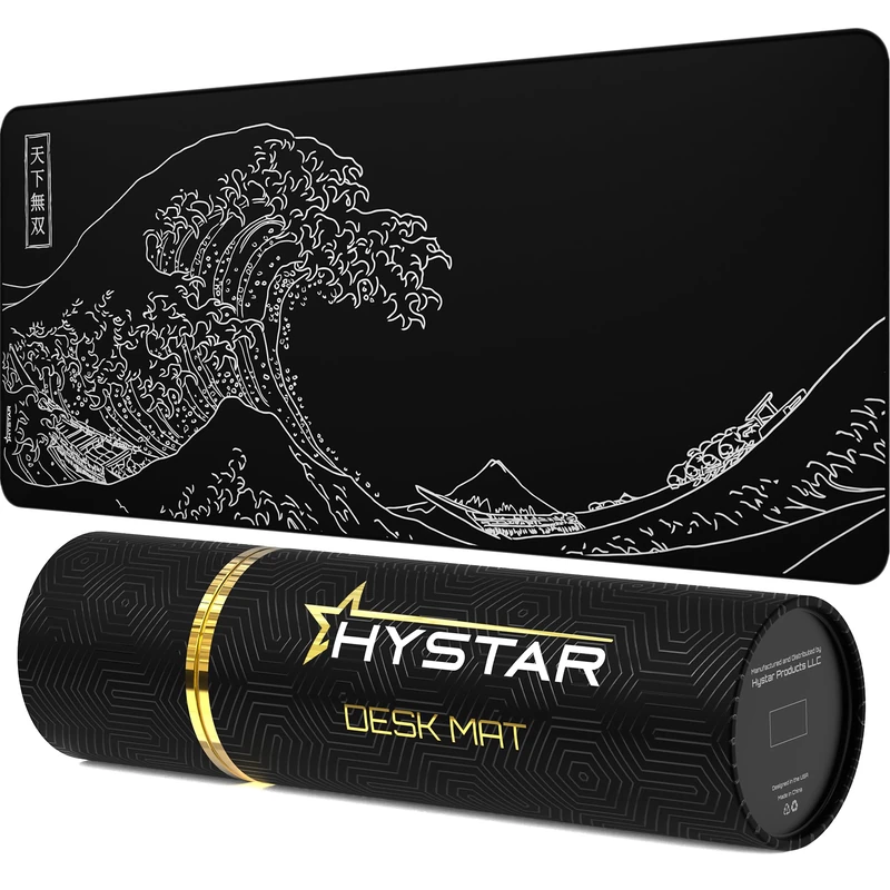 Hystar Gaming Mouse Pad, Soft Textured Cloth Surface, Water Resistant Fabric, 5mm Thick, Bonus Silicone Drink Coaster, Durable Box for Transport, The Great Wave Design (Black)