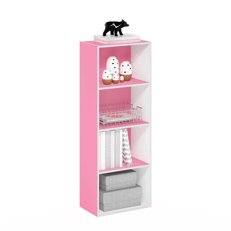 Furinno LUDER Book Shelf, 4-Tier Bookshelf, Bookcase with Open Shelf, 9.3 x 15.6 x 41.7, for Living Room, Bedroom, Home Office, Pink/White
