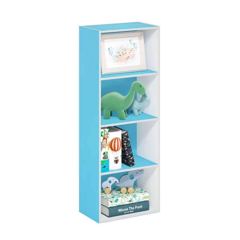 Furinno LUDER Book Shelf, 4-Tier Bookshelf, Bookcase with Open Shelf, 9.3 x 15.6 x 41.7, for Living Room, Bedroom, Home Office, Light Blue/White