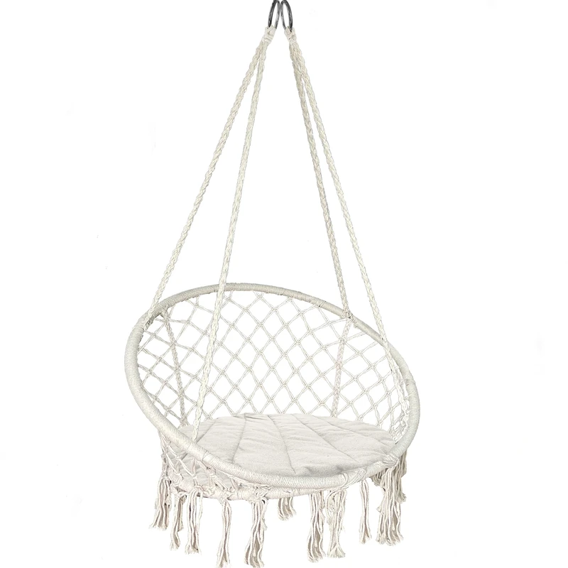 VOUNOT® Swing Chair with Round Seat Cushion, Macrame Hammock Hanging Chair for Indoor, Outdoor, Beige, One Size