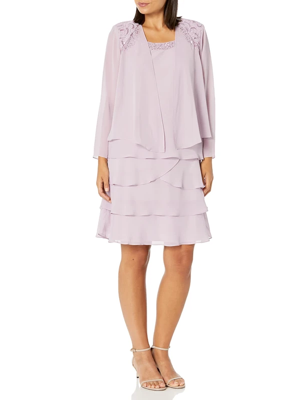 S.L. Fashions Women's Petite Mother of The Bride Tiered Jacket Dress with Shoulder Embellishment, Lavender Frost, 12 - Image 1