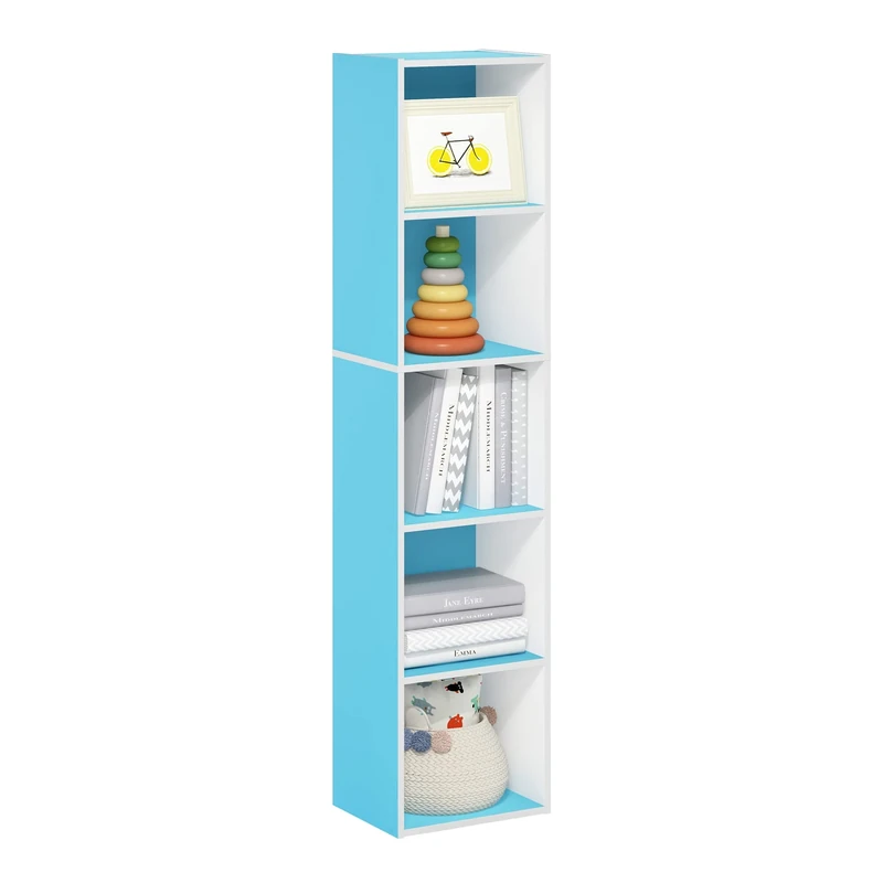 Furinno PASIR Book Shelf, 5-Tier Modern Bookshelf, Open Shelves Bookcase 9 x 12 x 52, for Living Room, Bedroom, Home Office, Light Blue/White