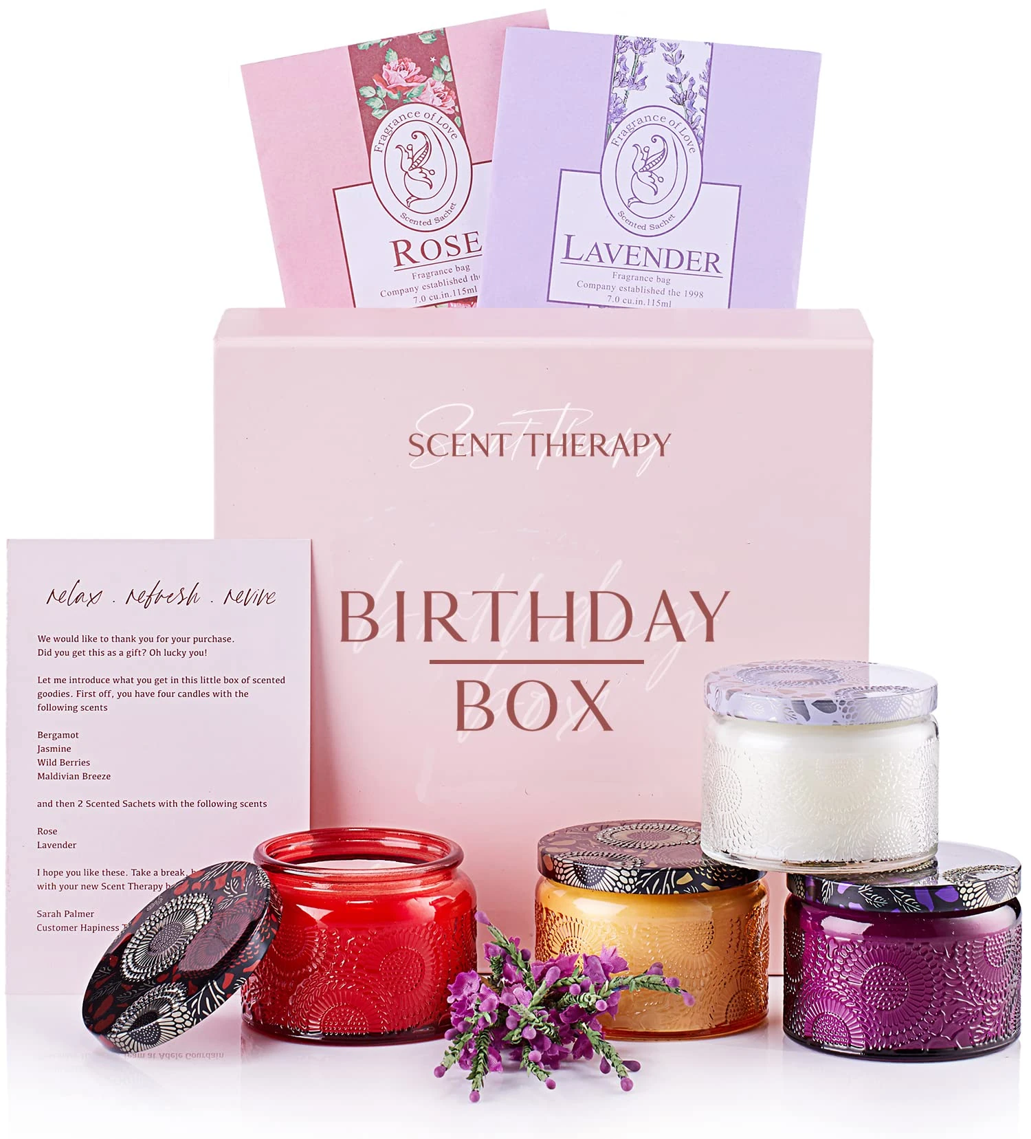 Birthday Gifts for Women Scented Candle Gift Set - Soy Wax Birthday Box in Purple with Ribbon - 40+ Hour Long-Burning Cruelty-Free Candles & Sachets - Gifts for Her & Mum
