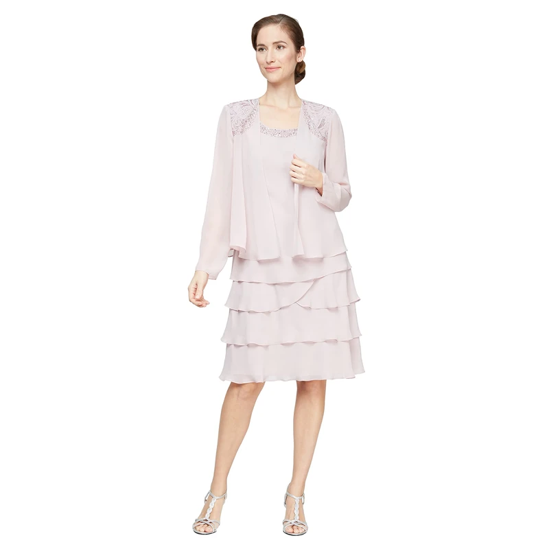 S.L. Fashions Women's Mother of The Bride Tiered Jacket Dress with Shoulder Embellishment, (Petite and Regular Sizes) Special Occasion, Lavender Frost, 20