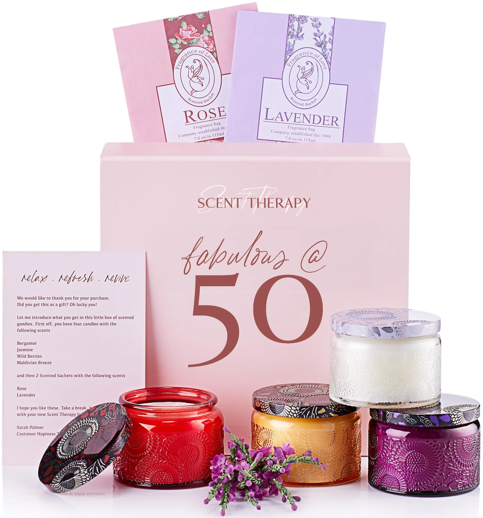 50th Birthday Gift for Women - Elegant Scented Candle Gift Box - Fabulous at 50 with 4 Aromatherapy Candles - Presents for Women