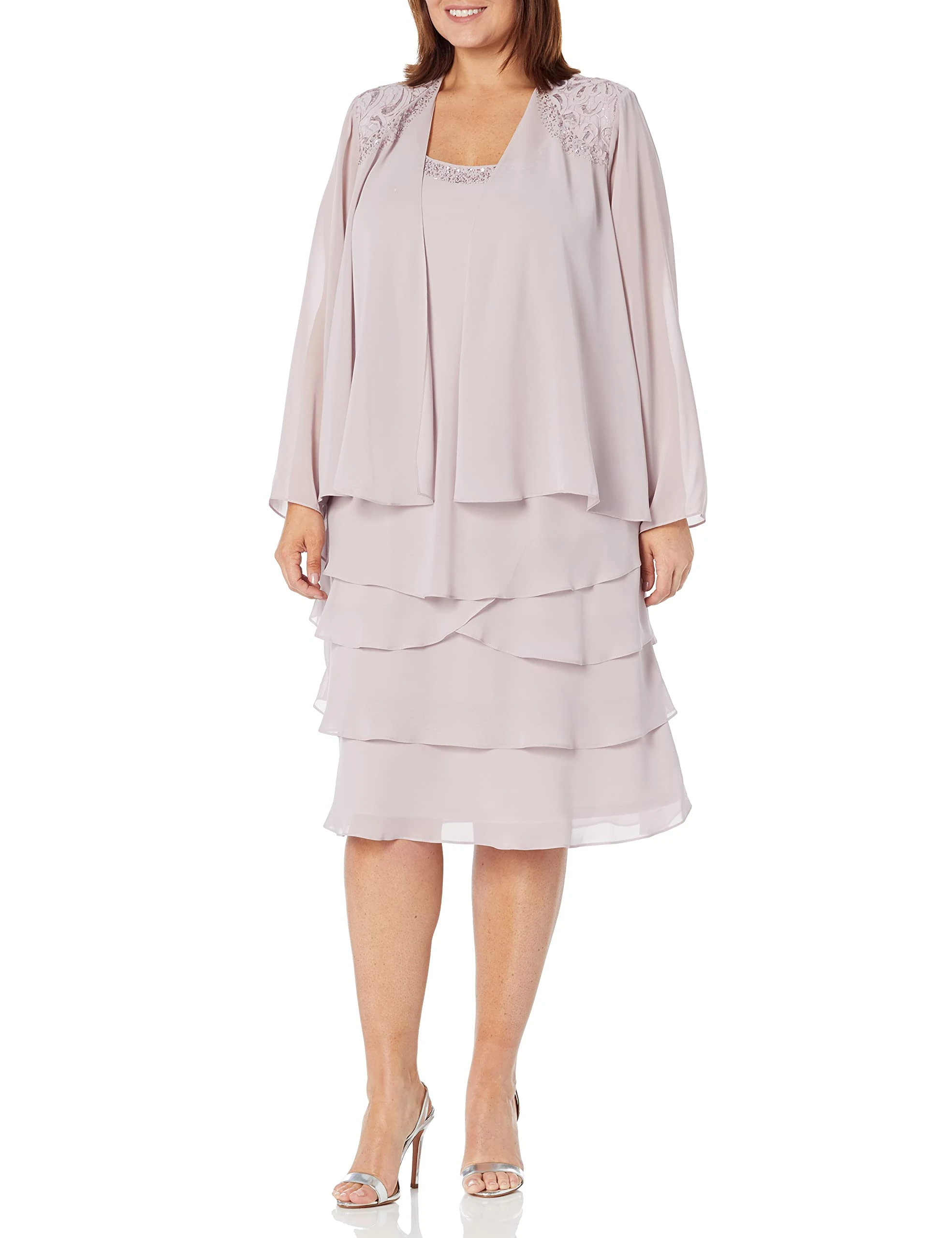 S.L. Fashions Women's Plus Size Embellished Tiered Jacket Dress Special Occasion, Lavender Frost, 26