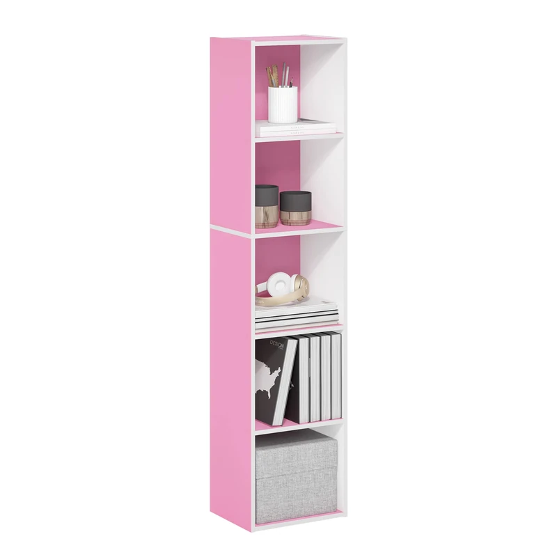 Furinno PASIR Book Shelf, 5-Tier Modern Bookshelf, Open Shelves Bookcase 9 x 12 x 52, for Living Room, Bedroom, Home Office, Pink/White
