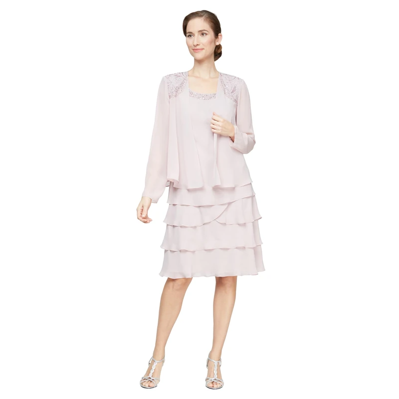 S.L. Fashions Women's Tiered Jacket Dress (Petite and Regular) Special Occasion, Lavender Frost, 14, 14 Petite