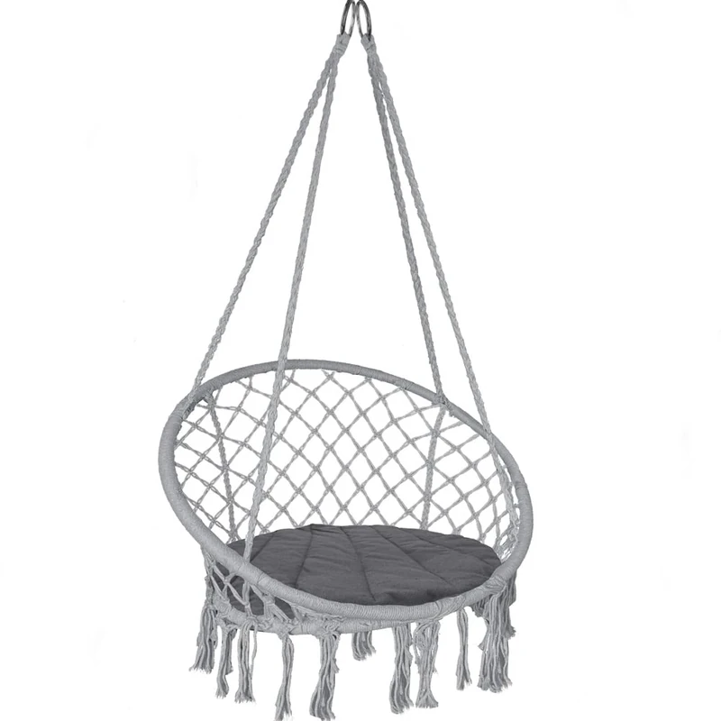 VOUNOT® Swing Chair with Round Seat Cushion, Macrame Hammock Hanging Chair for Indoor, Outdoor, Grey, One Size