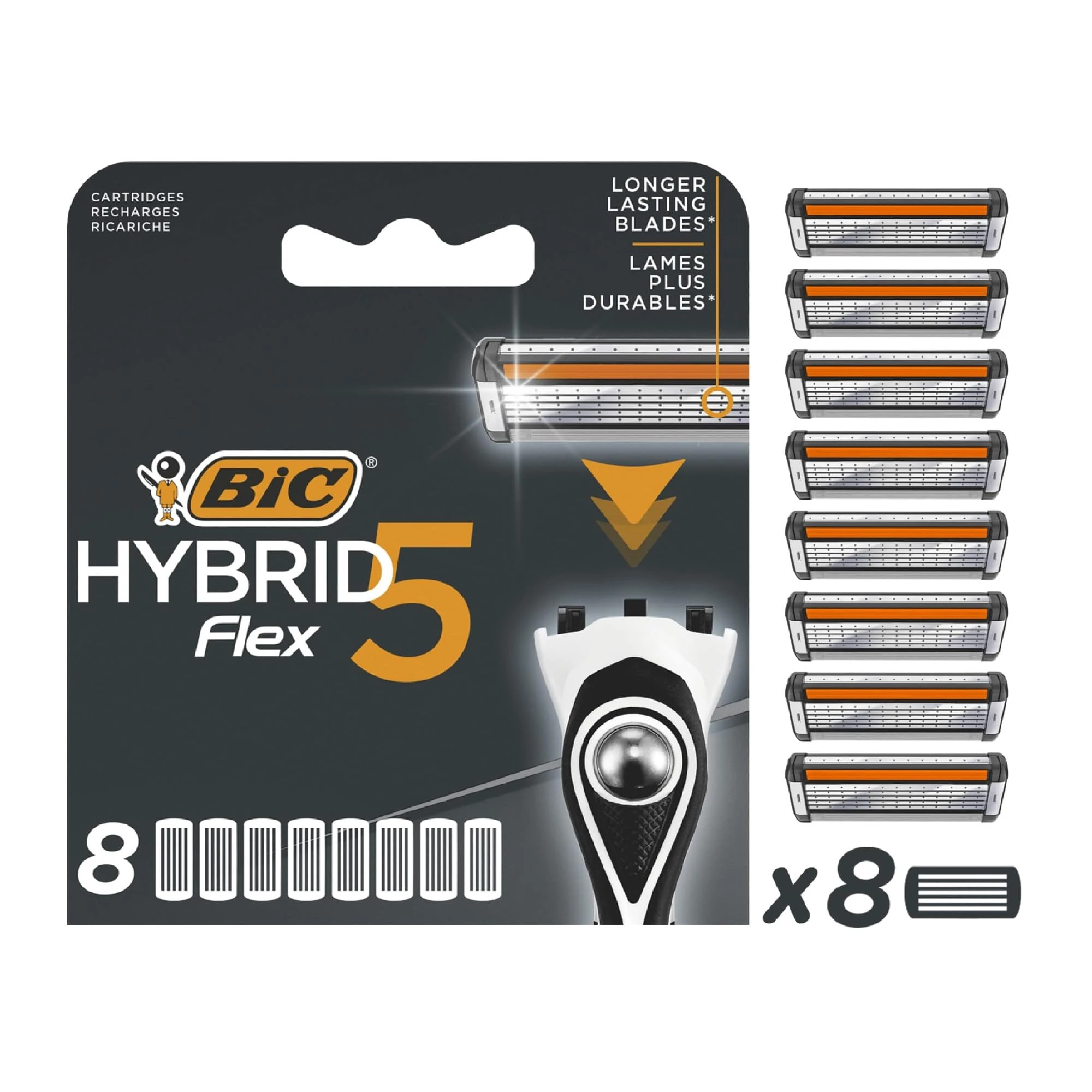 Bic Hybrid 5 Flex Men's Razor Refills with 5 Moveable Nano-Tech Titanium Blades - Box of 8 Cartridges, Black/White