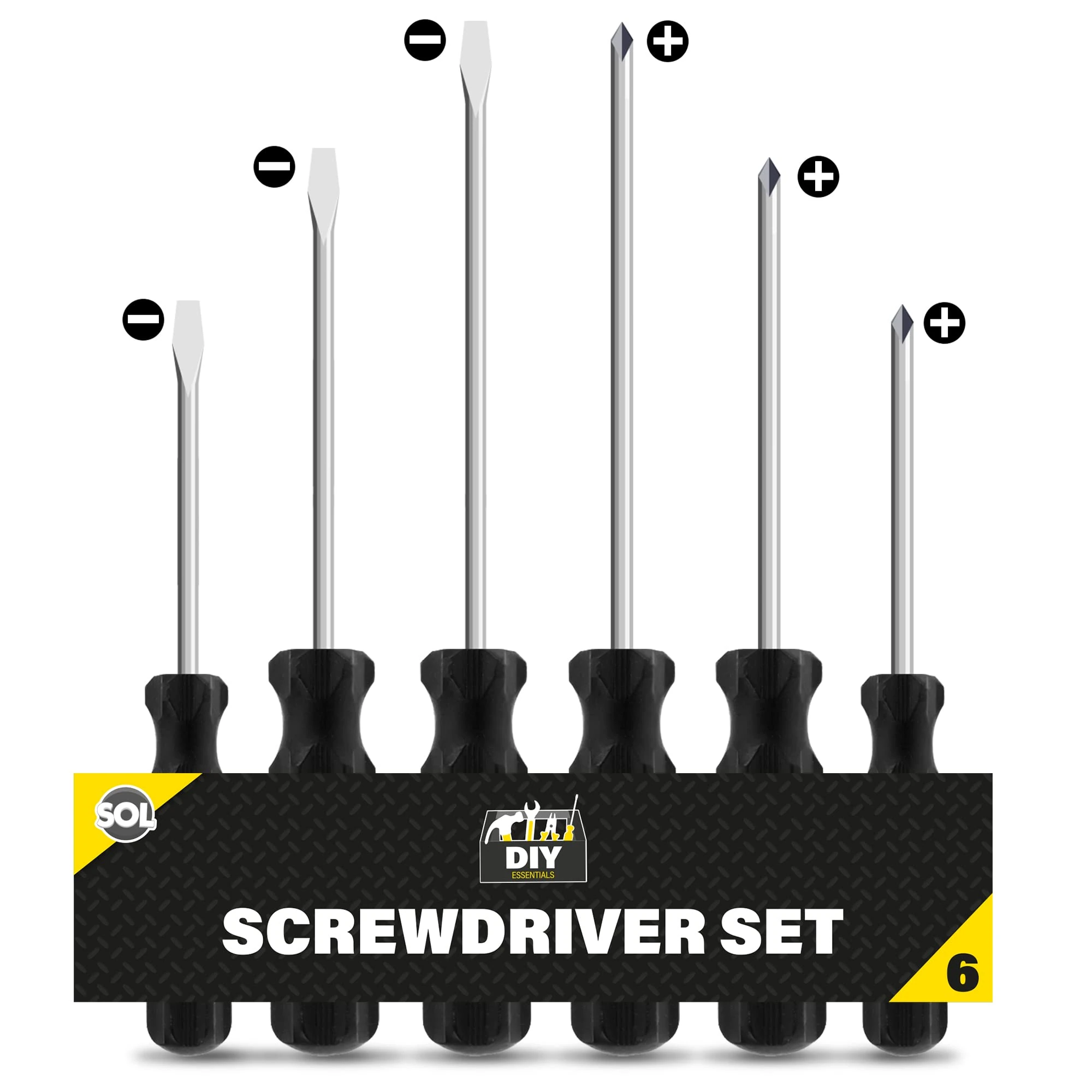 SOL 6pk Screwdriver Set - Non-Slip Grip Professional Tools with 3.4mm & 4.5mm Tips - Precision Screwdrivers for Electric Work, Electronics, and Home Repairs - Phillips and Flathead Screwdriver Set